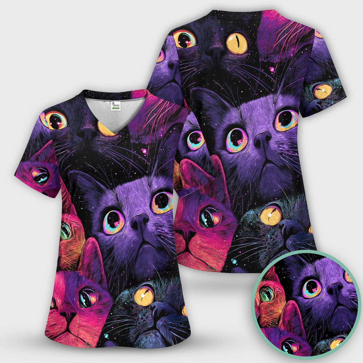 Colorful Neon Cat Faces Scrub Top, Comfortable Scrubs for Nurses