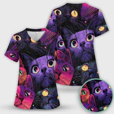 Colorful Neon Cat Faces Scrub Top, Comfortable Scrubs for Nurses