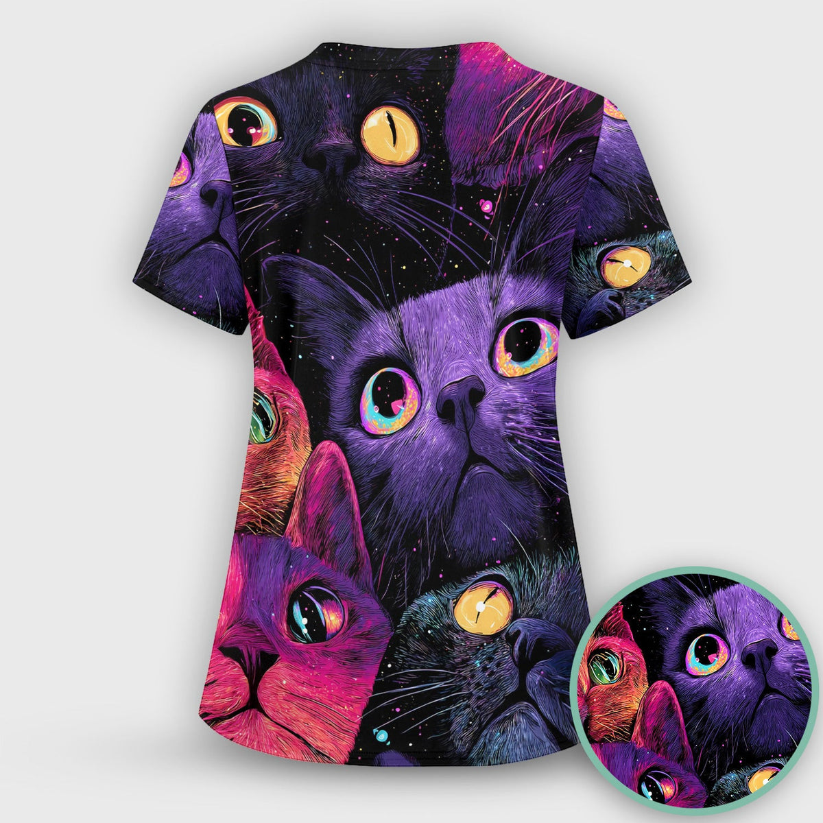 Colorful Neon Cat Faces Scrub Top, Comfortable Scrubs for Nurses