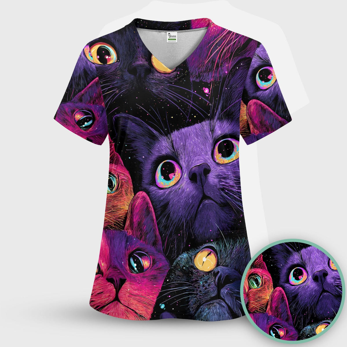Colorful Neon Cat Faces Scrub Top, Comfortable Scrubs for Nurses