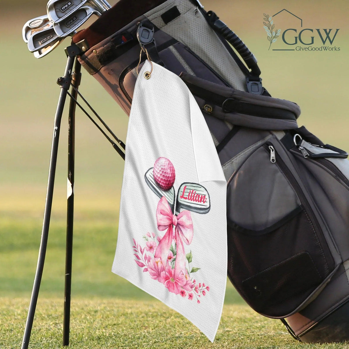 Personalized Name Golf Towel Pink Floral Bow Design With Golf Clubs, Custom Golf Towels For Women, Gift For Golfers