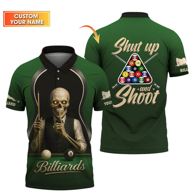 Shut Up and Shoot Billiards Shirt For Men – Custom Skeleton Pool League Polo – Funny Cue Sports Billiards Jersey - Father’s Day Gift Idea