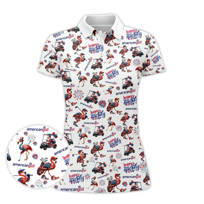 4th of July Golf Shirt – Flamingo Golf Shirt with American Flag – Patriotic Golf Polo for Golfers