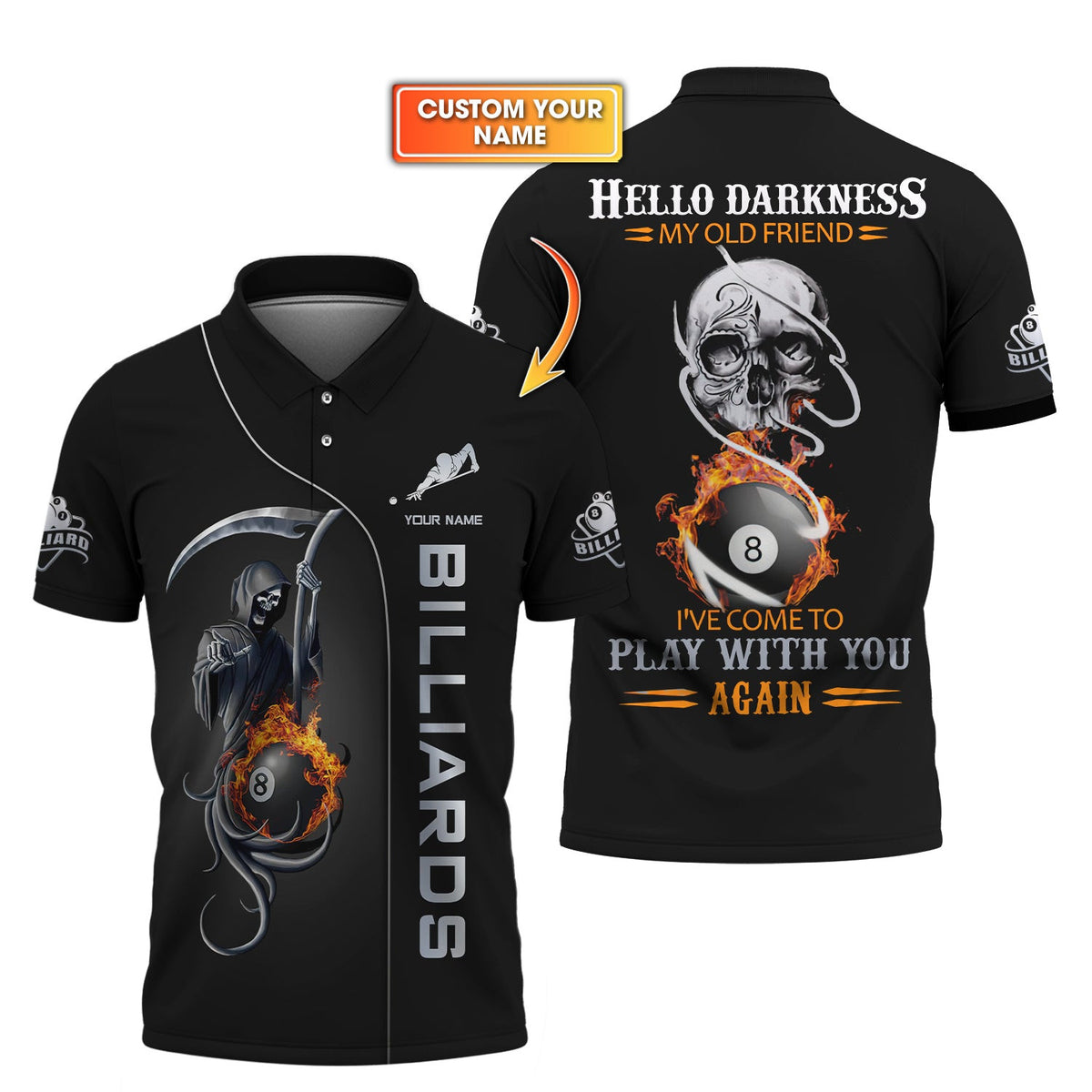 Custom Billiards Jersey, 8 Ball Pool T Shirt Grim Reaper Hello Darkness My Old Friend, Gift For Billiards Player