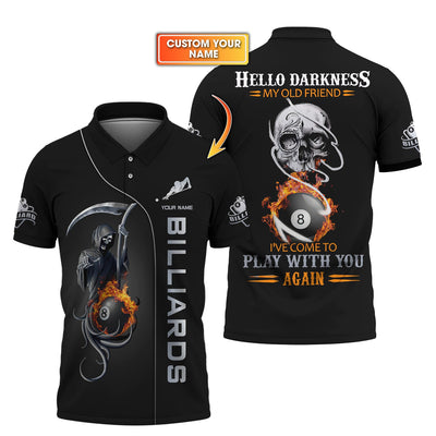 Custom Billiards Jersey, 8 Ball Pool T Shirt Grim Reaper Hello Darkness My Old Friend, Gift For Billiards Player