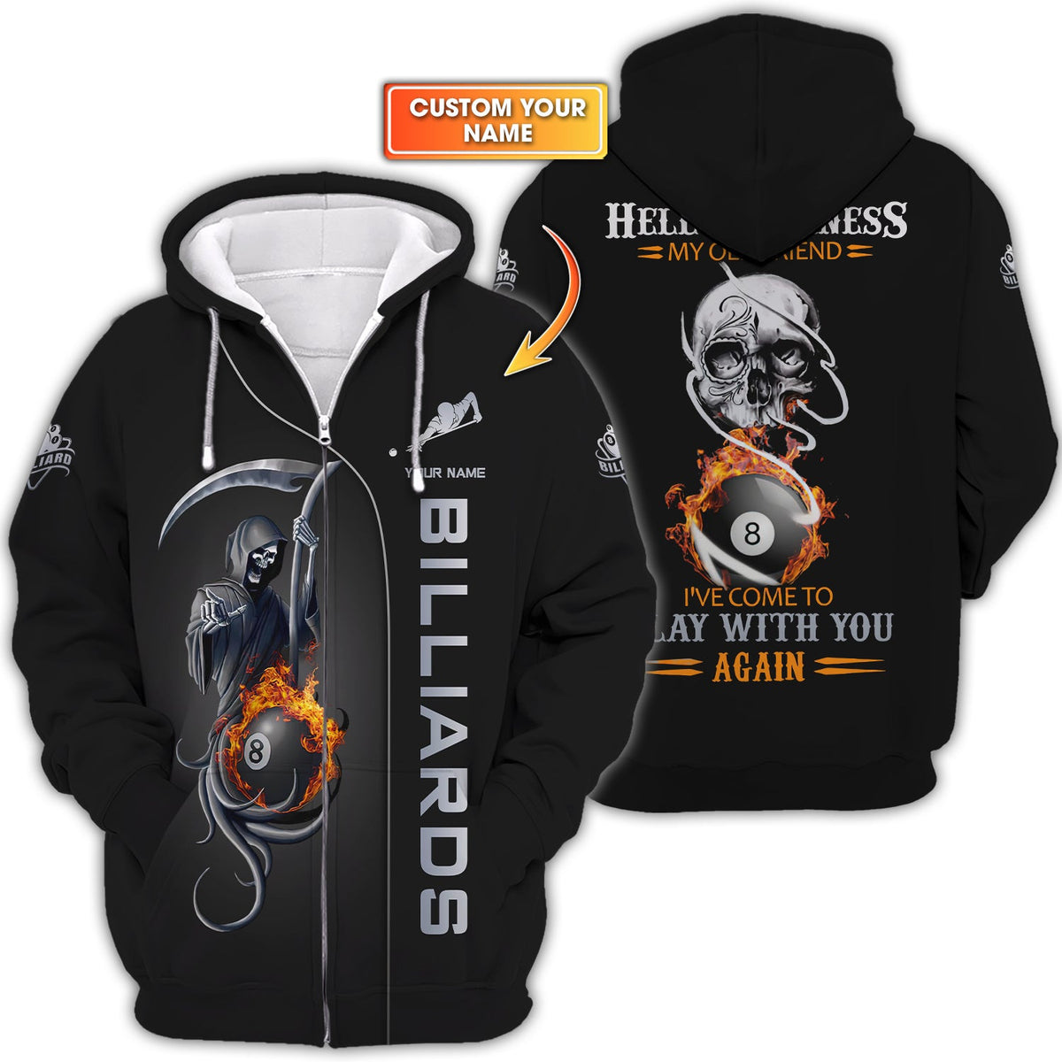 Custom Billiards Jersey, 8 Ball Pool T Shirt Grim Reaper Hello Darkness My Old Friend, Gift For Billiards Player