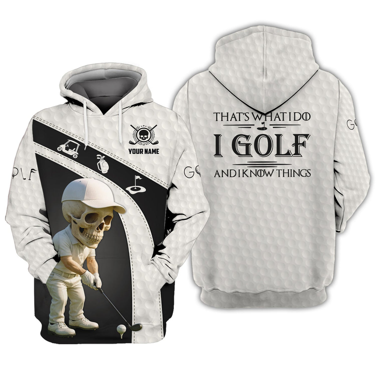 I Golf And Know Things Custom Golf Shirt Crazy Golf Skull Swing Tee Black White