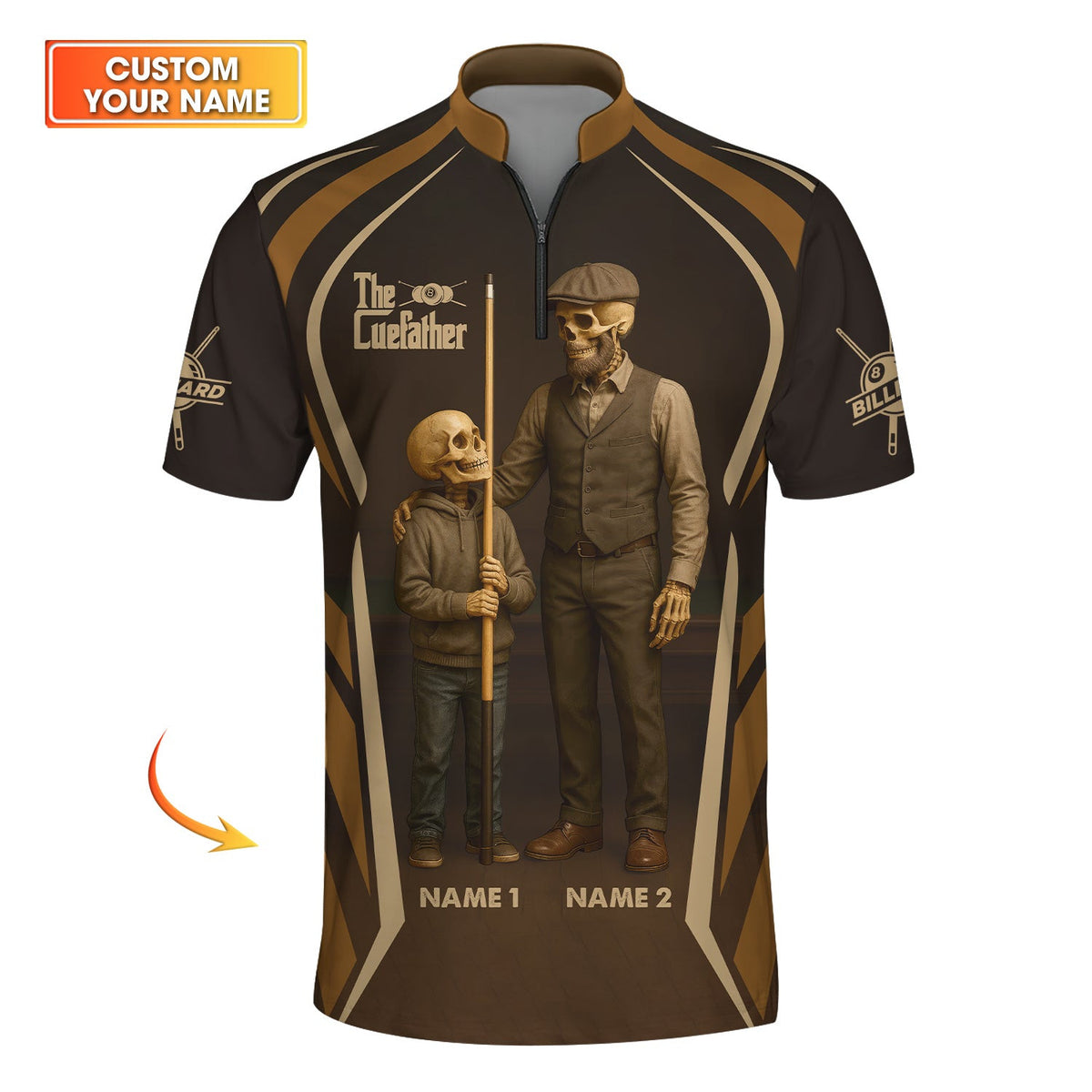 Billiards T Shirt The CueFather Skeleton Pool Player Tee Brown Father Son Gift for Dad