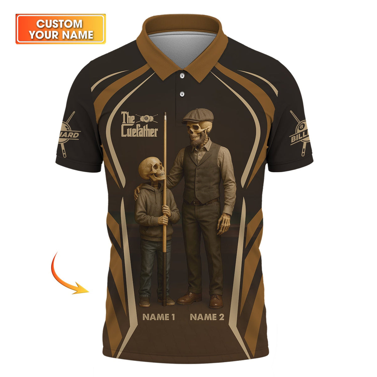 Billiards T Shirt The CueFather Skeleton Pool Player Tee Brown Father Son Gift for Dad