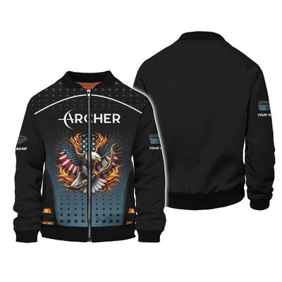 Custom Name Archer America Eagle Jersey, Patriotic Bow & Fire, Archery Polo Shirts