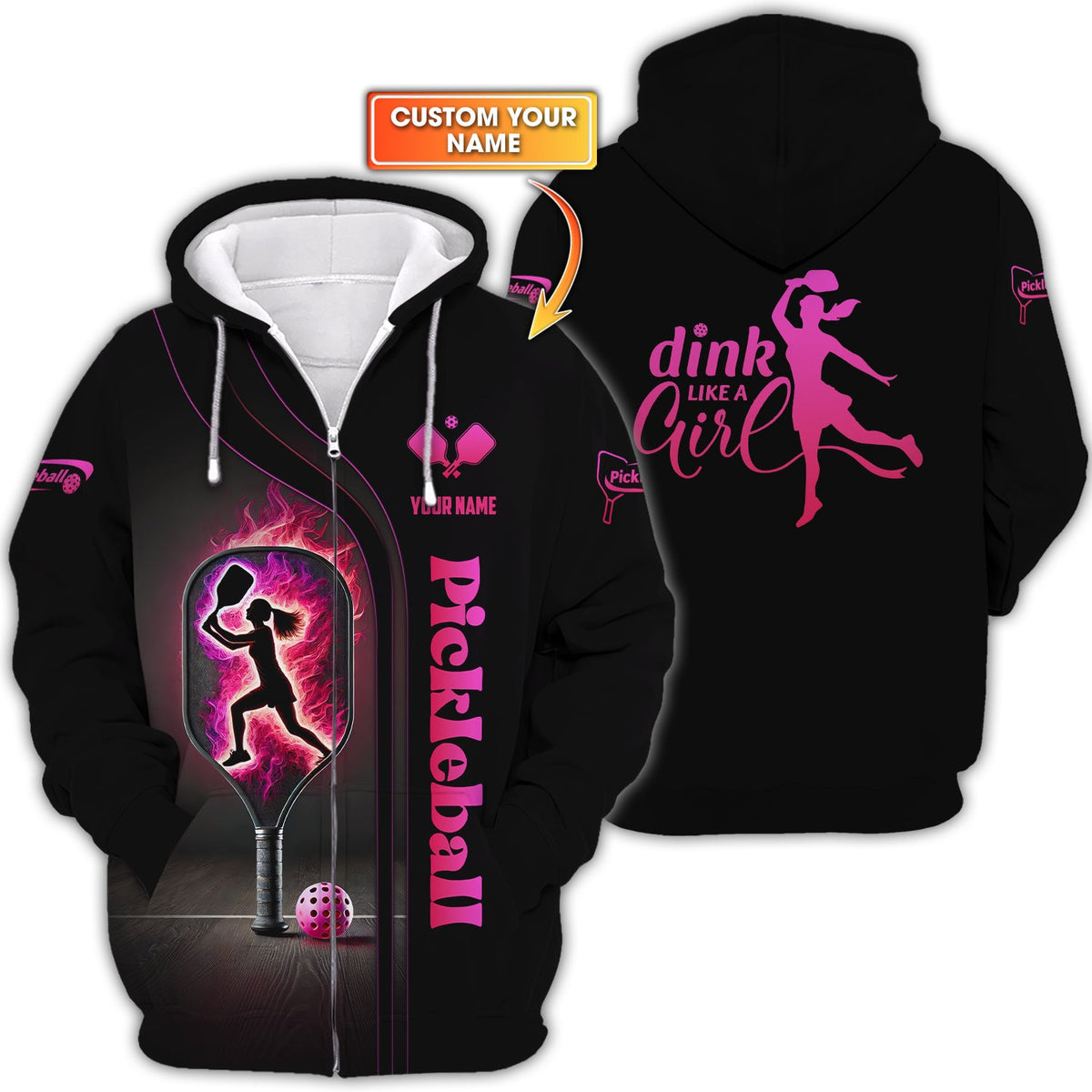 Custom Women's Pickleball Shirt – Dink Like a Girl Design with Fiery Paddle – Personalized Athletic Apparel for Pickleball Lovers