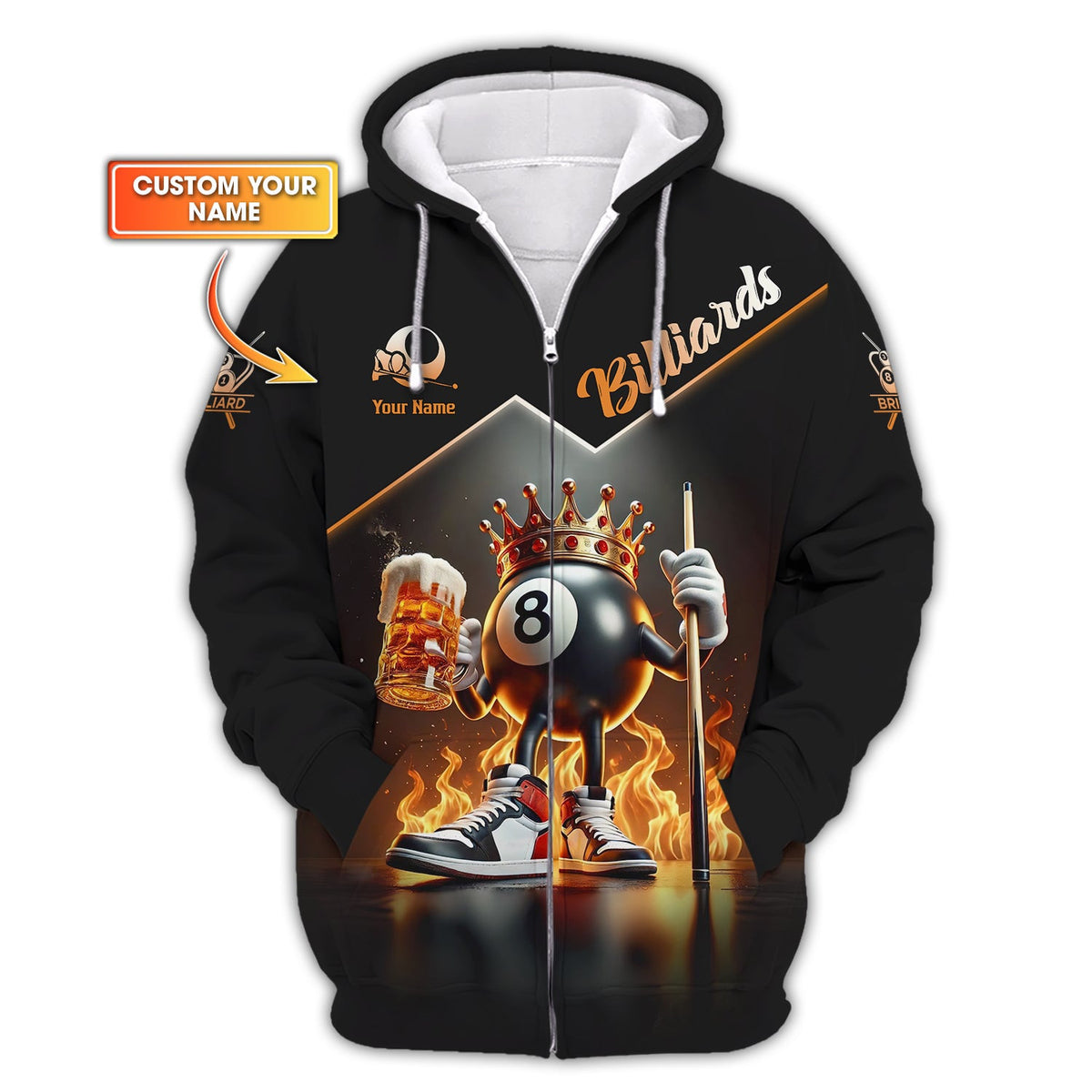 King 8-ball Billiards with Beer on Fire Custom Name T shirt, Gift For Billiards Players
