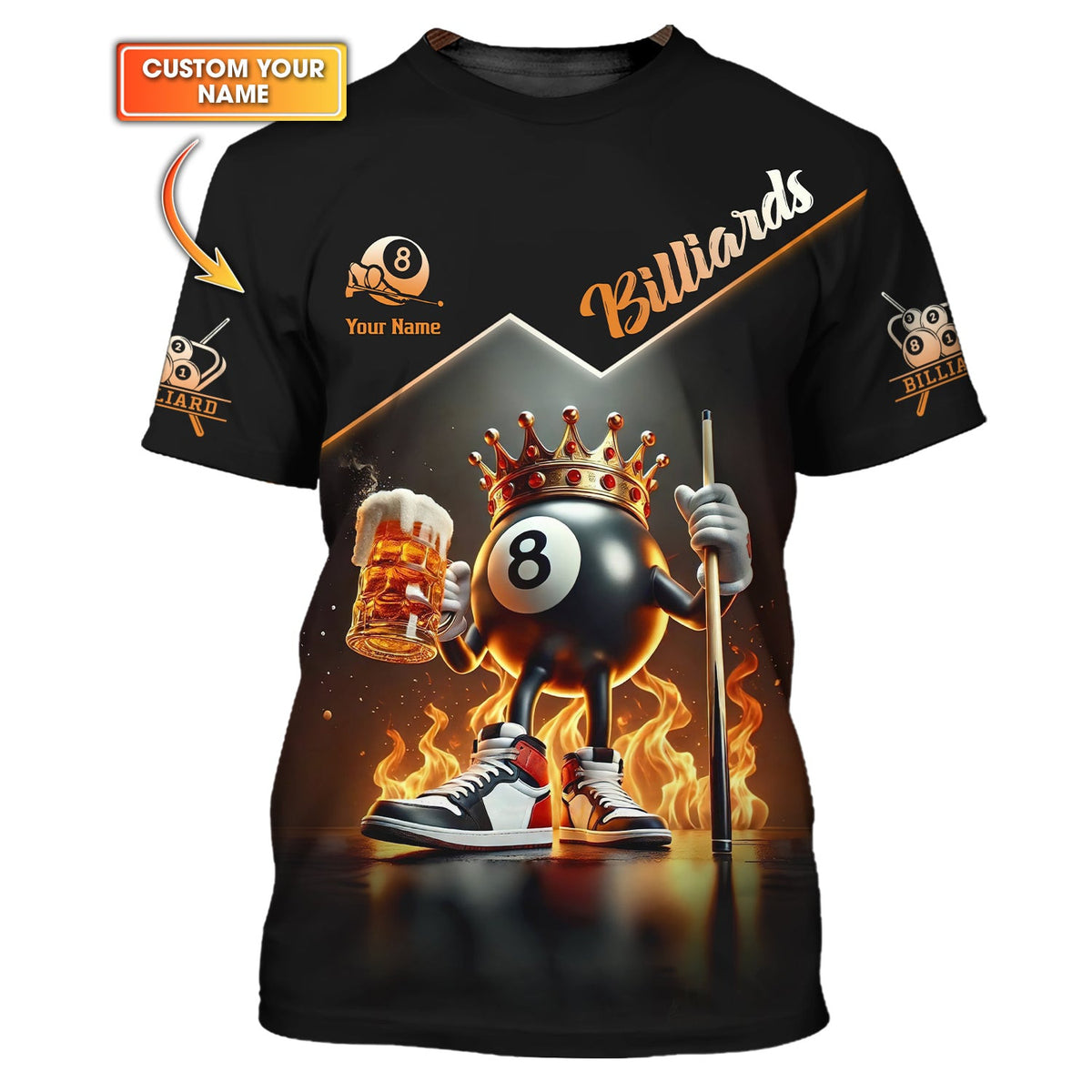 King 8-ball Billiards with Beer on Fire Custom Name T shirt, Gift For Billiards Players