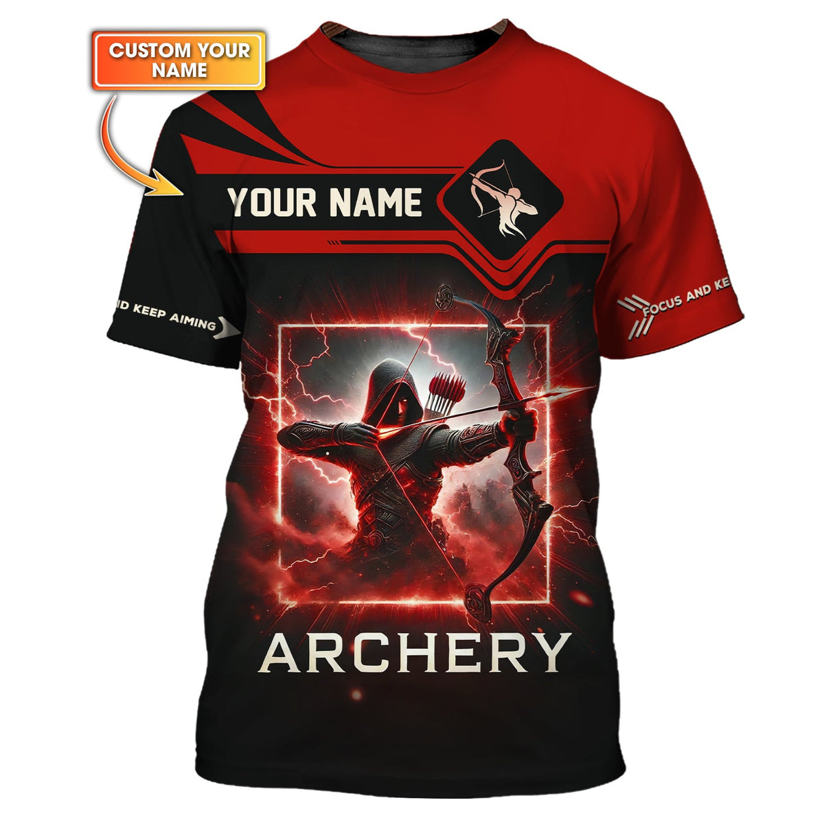 Focus and Keep Aiming Archer Lightning Red & Black T-Shirt, Archery Jersey, Gift for Archers