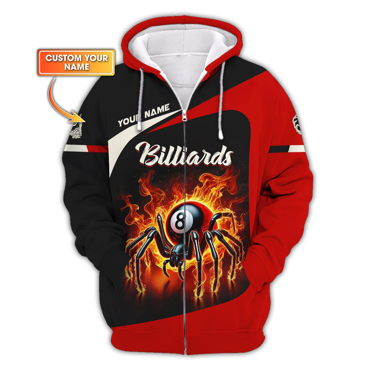 Custom 8-Ball Spider On Fire 3D Effect T-Shirt, Billiards Polo Shirt, Gift For Billiards Players