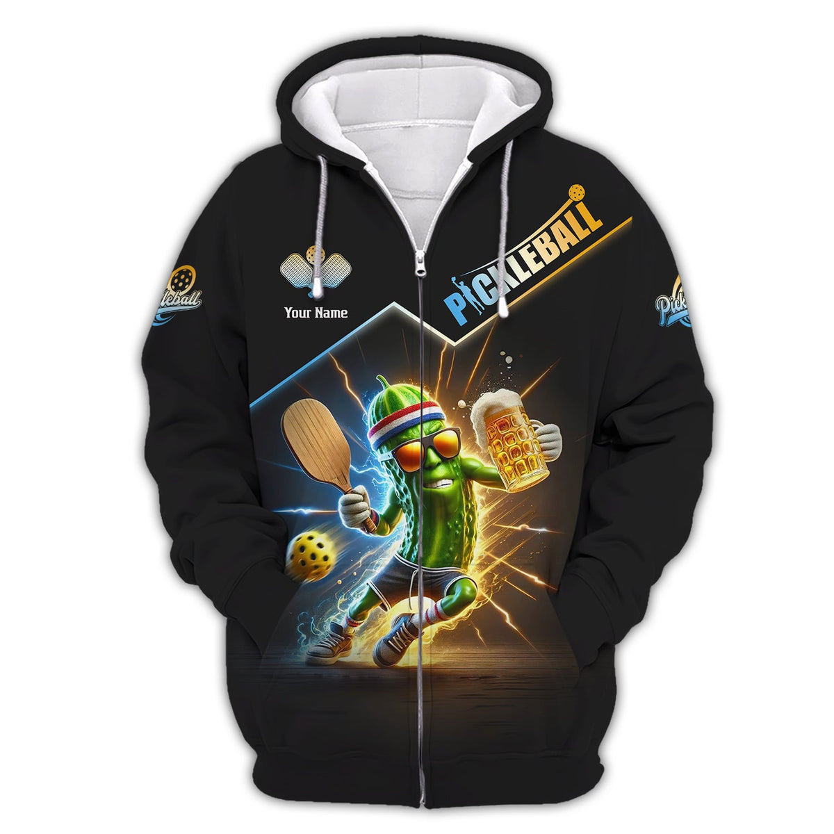 Custom Name Pickleball Funny Beer Zipper Hoodie, Pickleball Jersey, Gifts For Pickleball Players