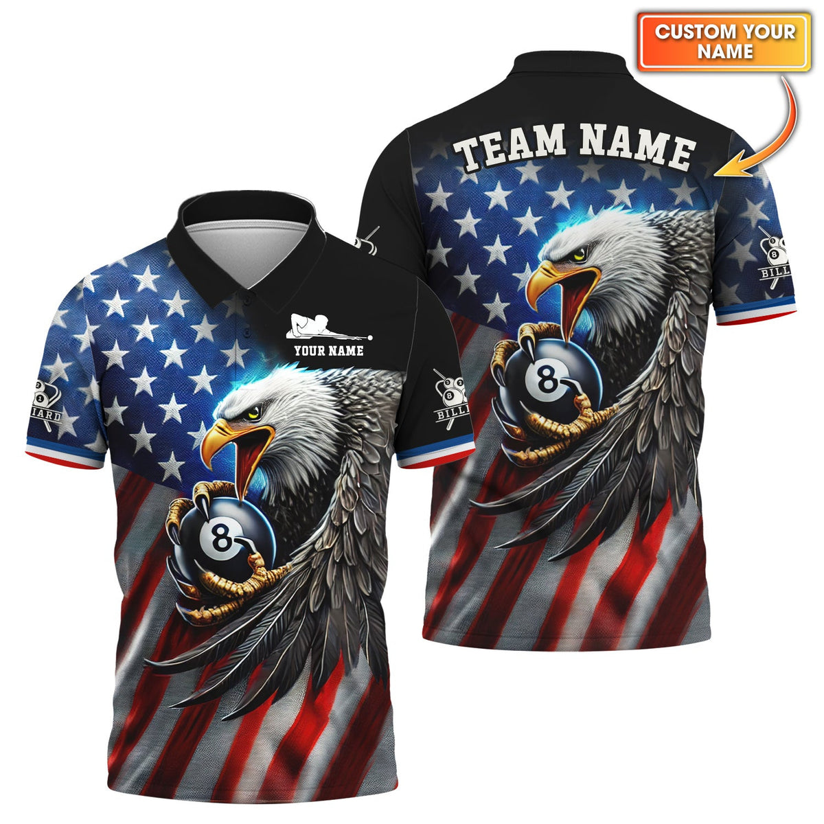USA Flag-Eagle hold 8-ball Billiards Custom T shirt, Billiards Polo, Gift For Billiards Players