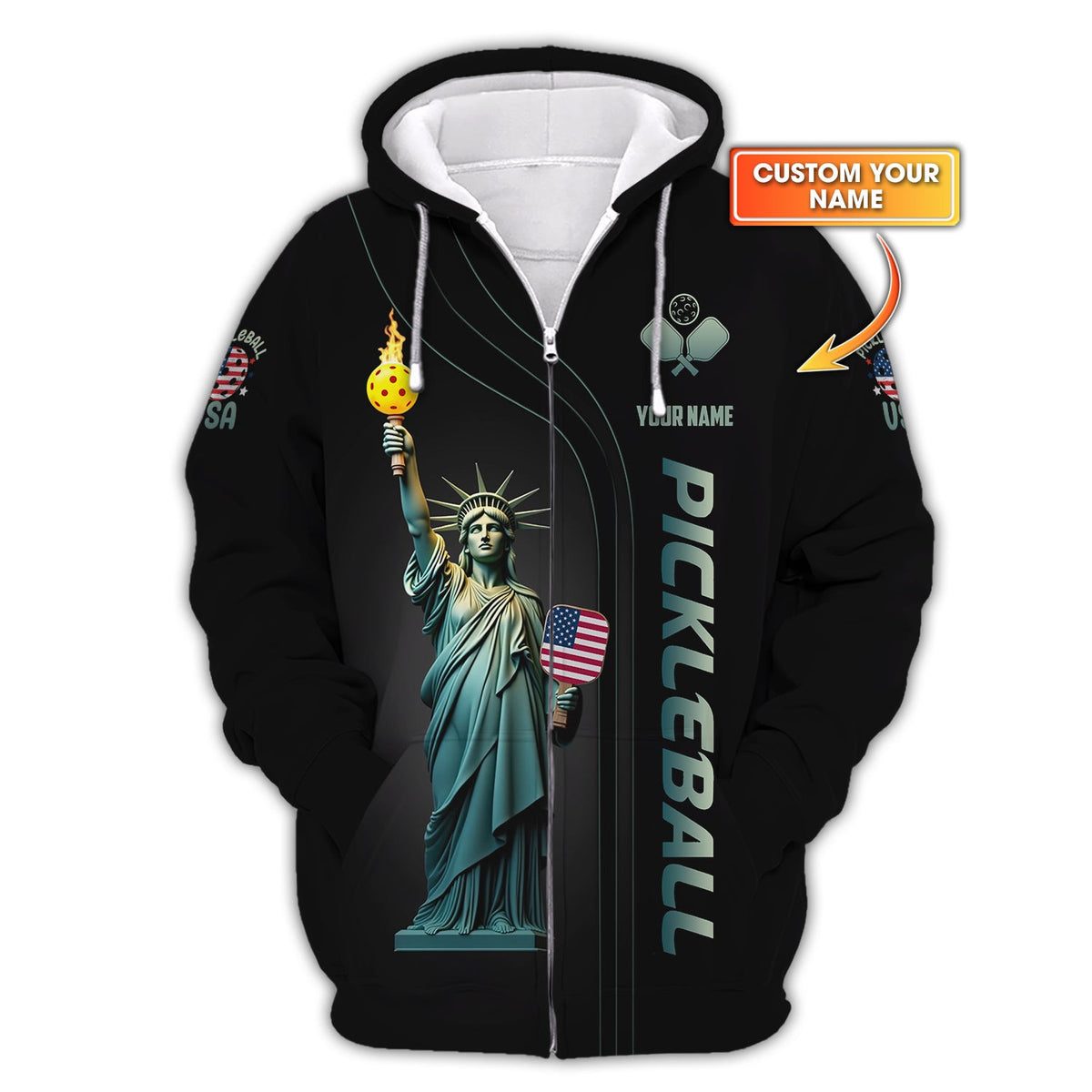 Custom USA Pickleball Shirt – Statue of Liberty Design with Paddle & Ball – Patriotic Pickleball Apparel for Men & Women