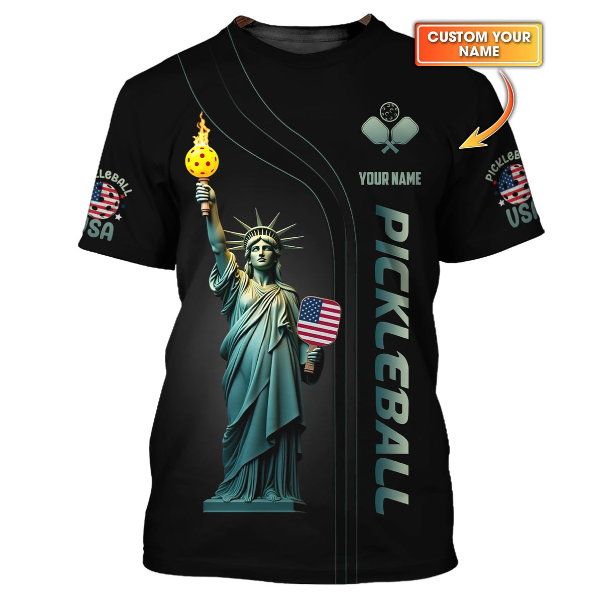 Custom USA Pickleball Shirt – Statue of Liberty Design with Paddle & Ball – Patriotic Pickleball Apparel for Men & Women