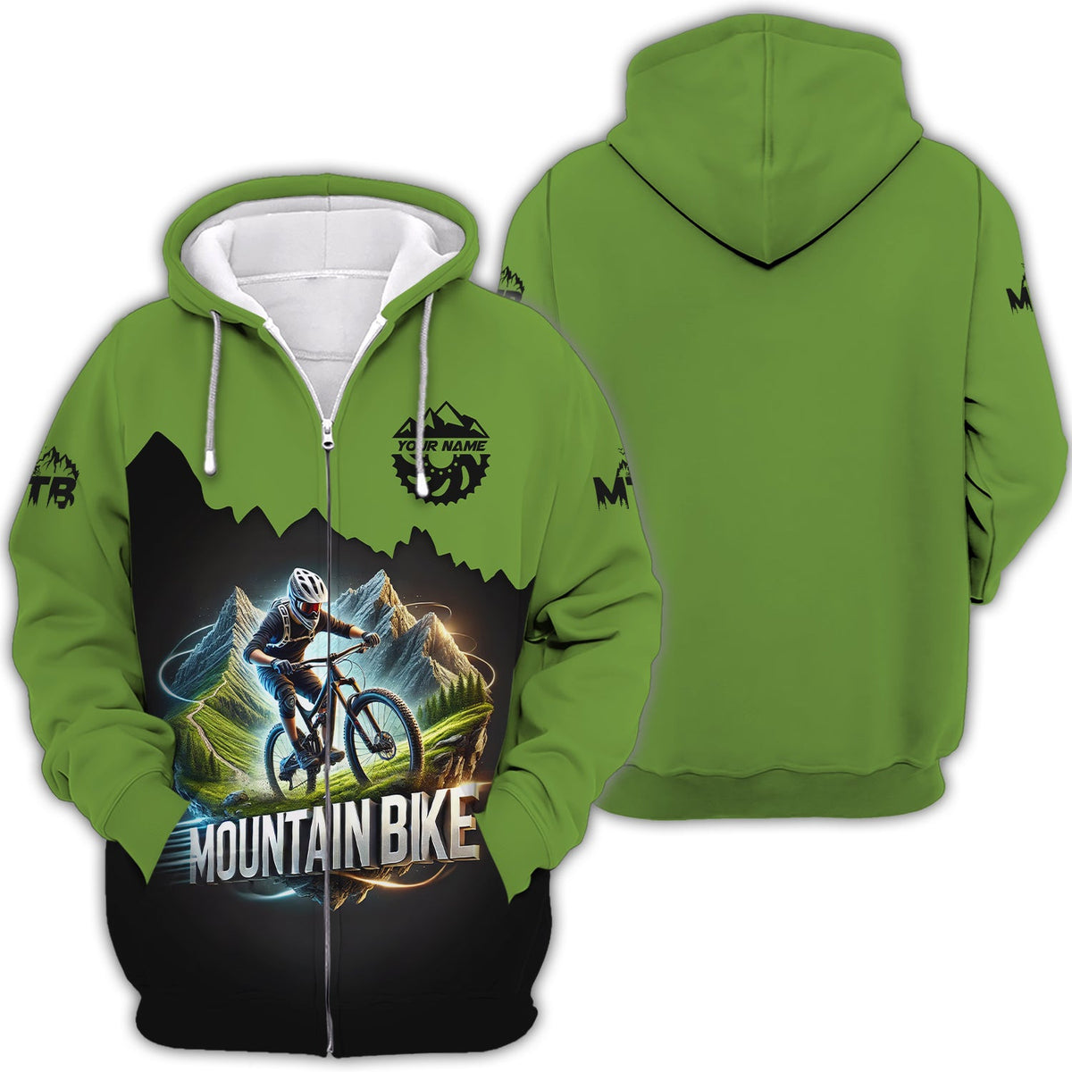 Green Speed Mountain Bike 3D T-Shirt Custom Name, Mountain Bike Polo Shirt, Lightweight Sportswear, Personalized MTB Apparel, Gift for Cyclists