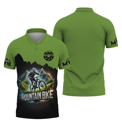 Green Speed Mountain Bike 3D T-Shirt Custom Name, Mountain Bike Polo Shirt, Lightweight Sportswear, Personalized MTB Apparel, Gift for Cyclists