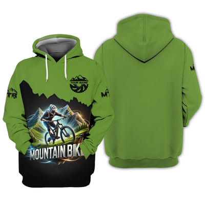 Green Speed Mountain Bike 3D T-Shirt Custom Name, Mountain Bike Polo Shirt, Lightweight Sportswear, Personalized MTB Apparel, Gift for Cyclists