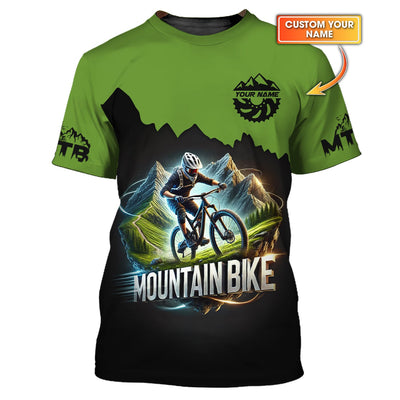 Green Speed Mountain Bike 3D T-Shirt Custom Name, Mountain Bike Polo Shirt, Lightweight Sportswear, Personalized MTB Apparel, Gift for Cyclists