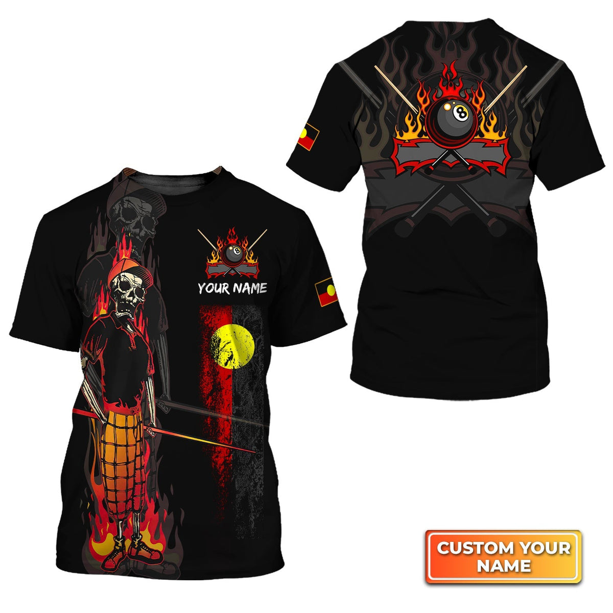 Bones 8 Ball Aboriginal Flag Billiards Personalized Name 3D Tshirt Gift For Billiard Players