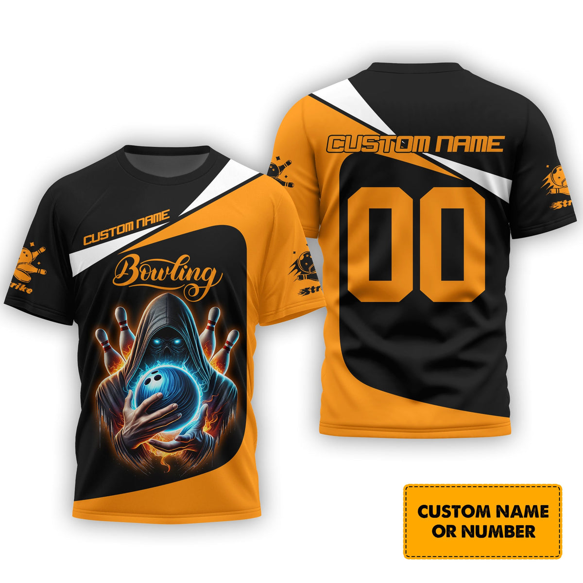 Custom Name & Number Orange Grim Reaper Bowling Personalized 3D Polo Shirt, Bowling T-Shirt, Gift For Bowler