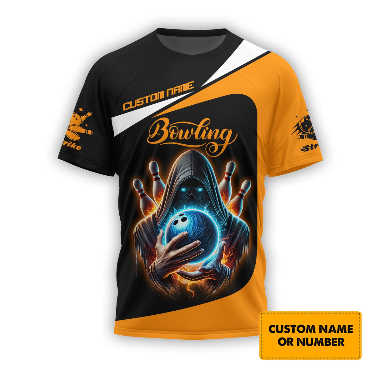 Custom Name & Number Orange Grim Reaper Bowling Personalized 3D Polo Shirt, Bowling T-Shirt, Gift For Bowler