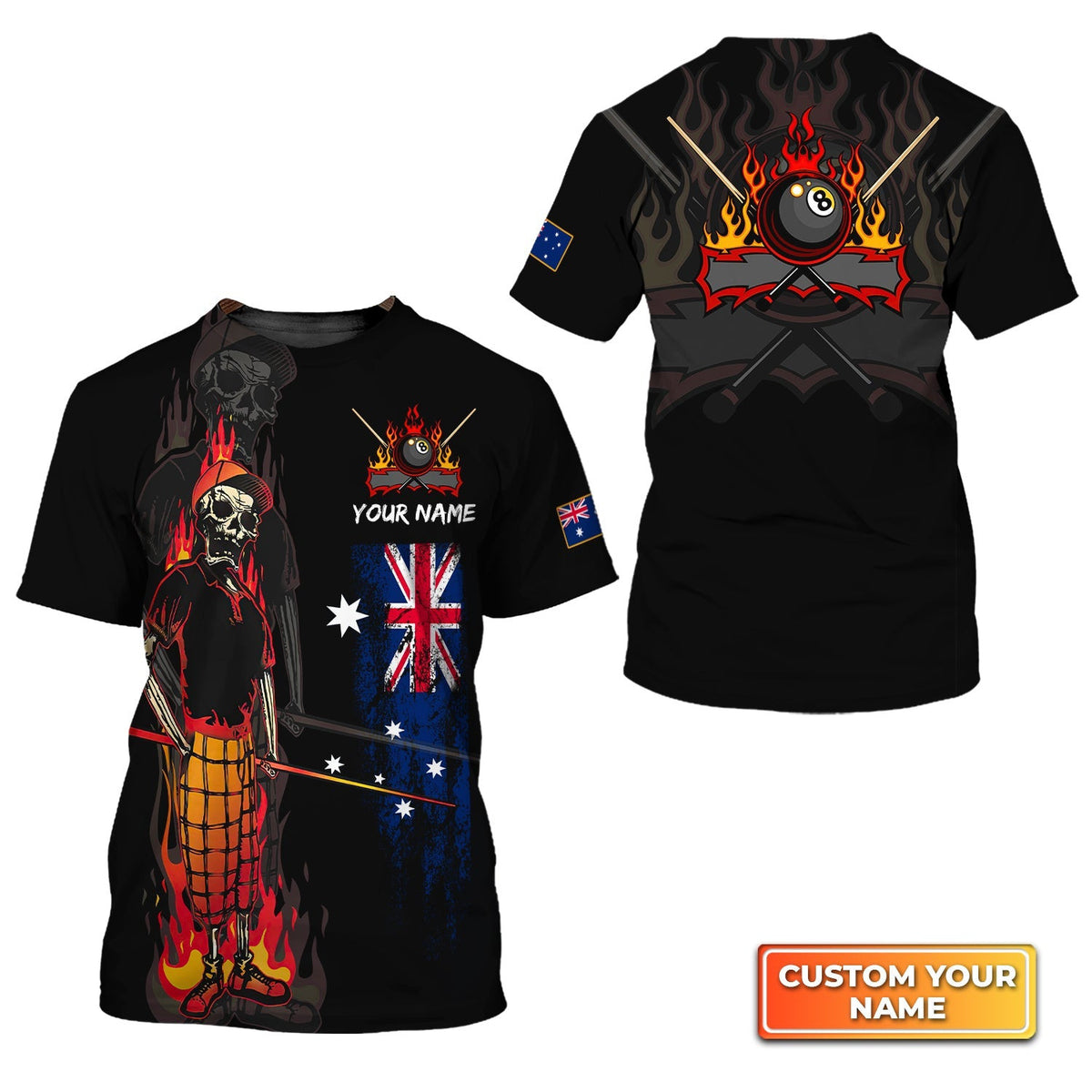 Bones 8 Ball Australia Flag Billiards Personalized Name 3D Tshirt Gift For Billiard Players