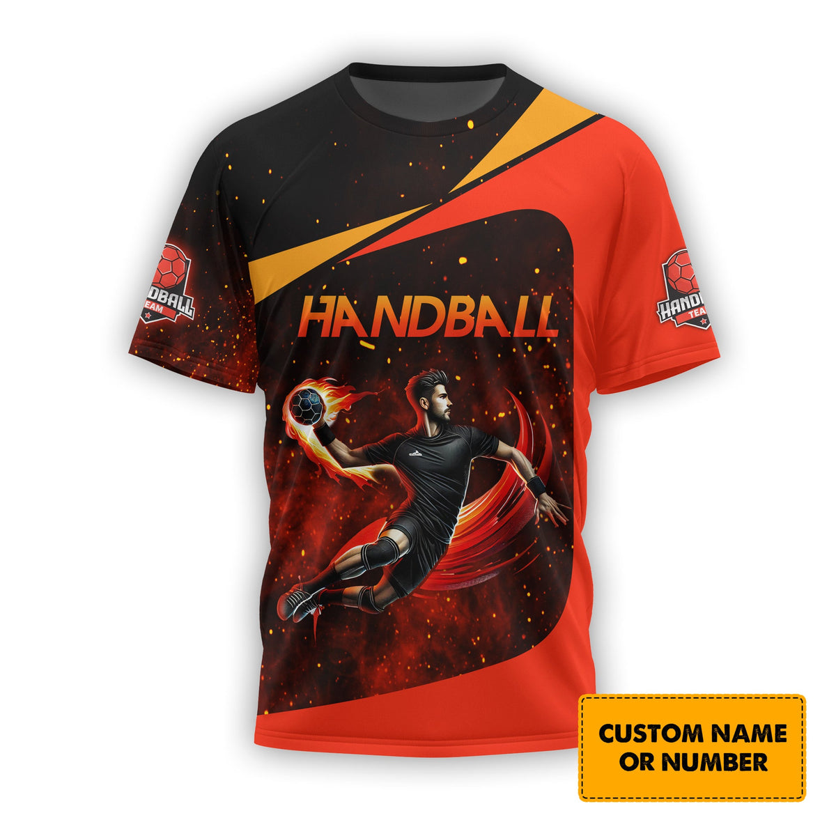 Orange Handball Player Man Fire T-Shirt 3D Design, Handball Polo Shirt, Lightweight Sportswear, Gift For Sports Fan