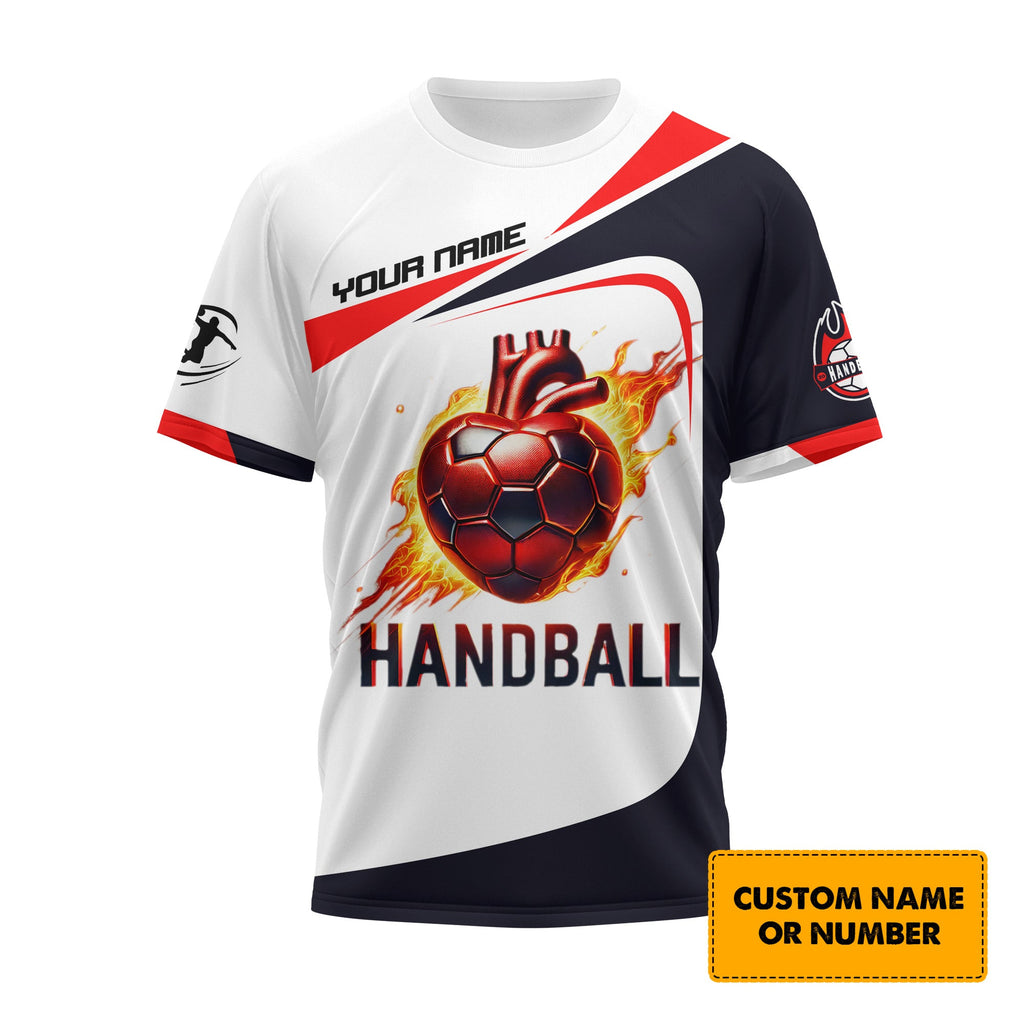 Custom fire heart Handball T-Shirt 3D Design Name And Team, Lightweight Sportswear, Gift For Sports Fan