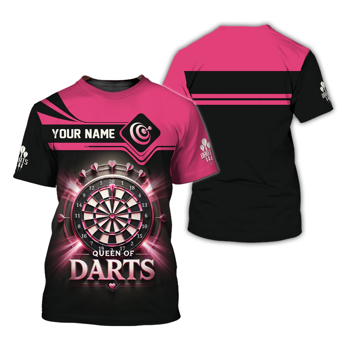 Queen Of Darts Pink Custom Name 3D T-Shirt, Polo Shirt For Darts Player, Darts Shirts, Gift For Darts Lovers