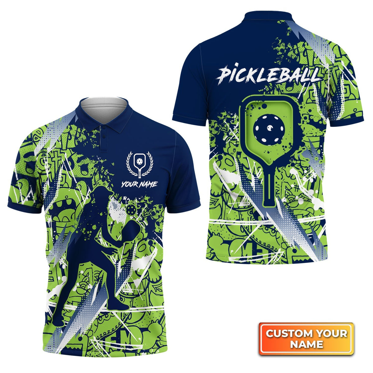 Pickleball, Scritch Woman Green Blue Pattern Personalized Name 3D Polo Shirt Gift For Pickleball Player