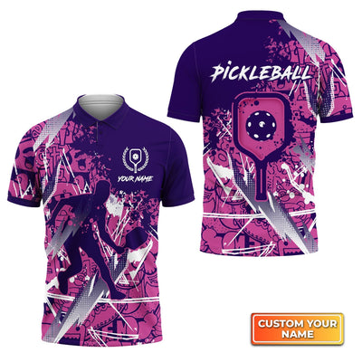 Pickleball, Scritch Man Purple Pink Pattern Personalized Name 3D Polo Shirt Gift For Pickleball Player