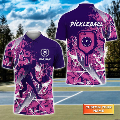 Pickleball, Scritch Man Purple Pink Pattern Personalized Name 3D Polo Shirt Gift For Pickleball Player