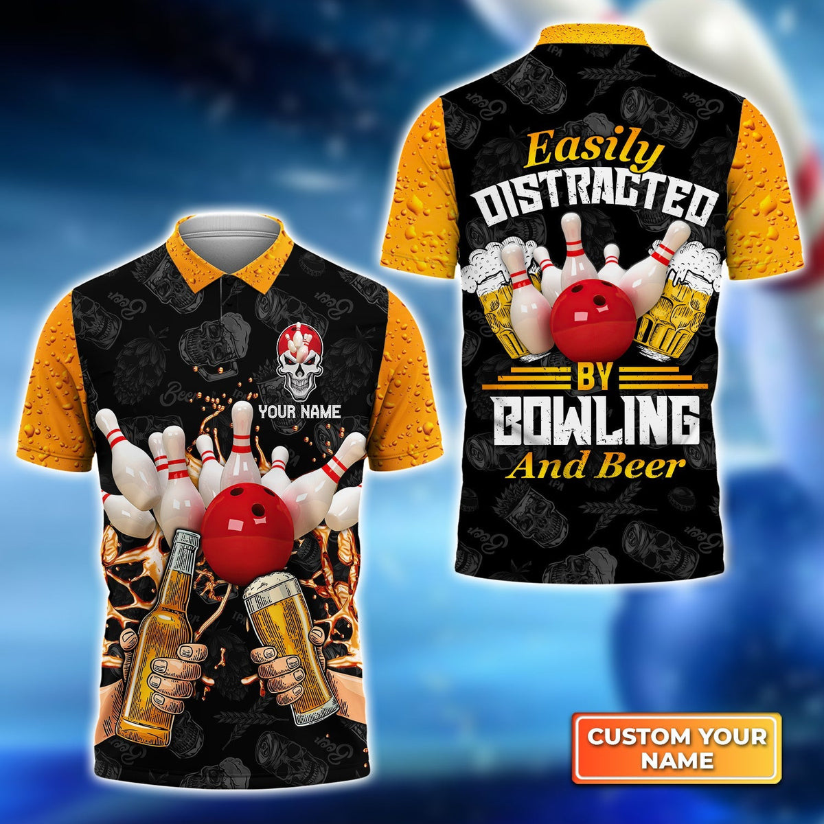 Easily Distracted By Bowling And Beer Personalized Name 3D Polo Shirt Gift For Bowler