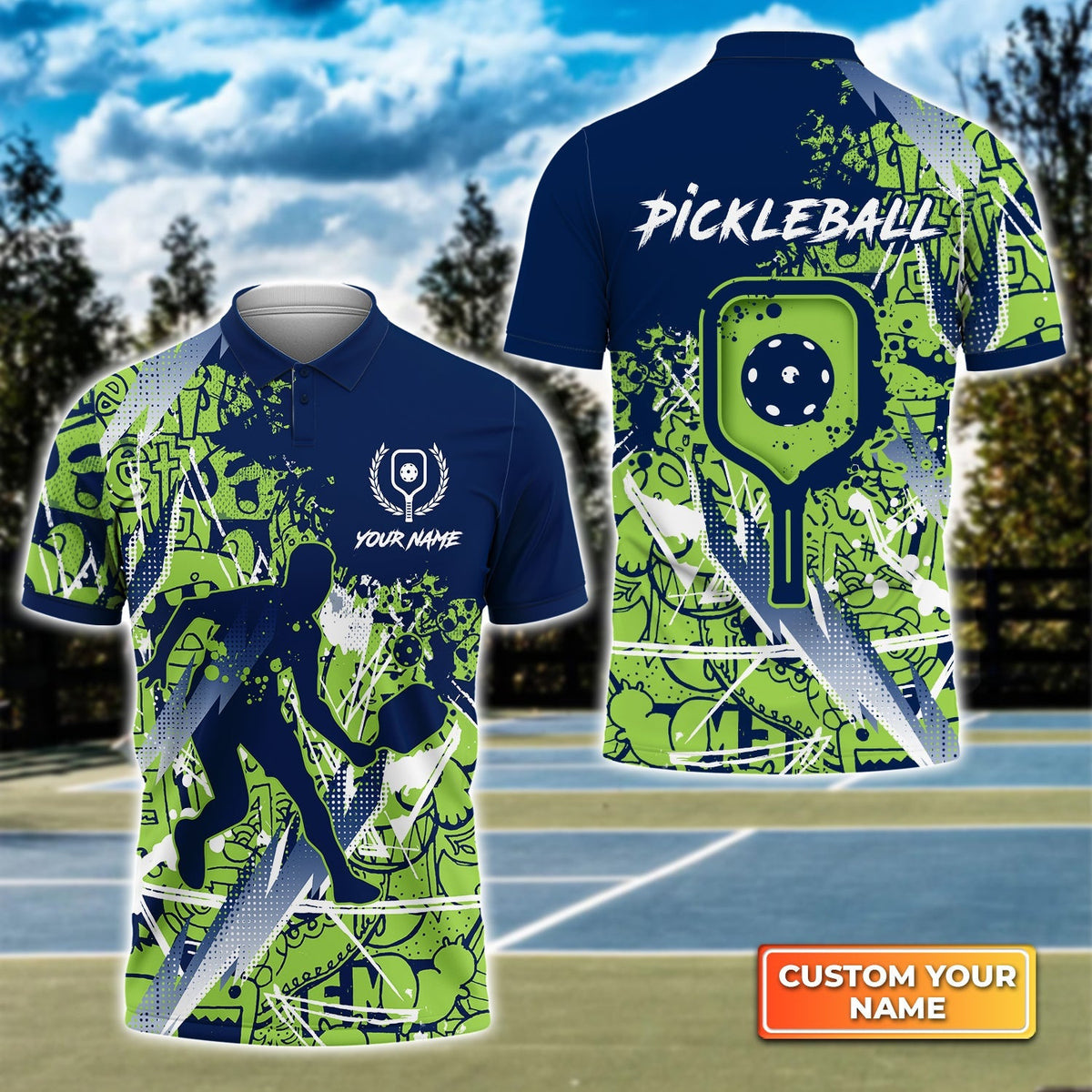 Pickleball, Scritch Man Green Blue Personalized Name 3D Polo Shirt Gift For Pickleball Player