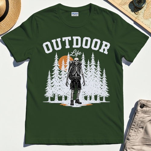 "Outdoor Life” Skeleton Hiker Camping T-Shirt"""""""