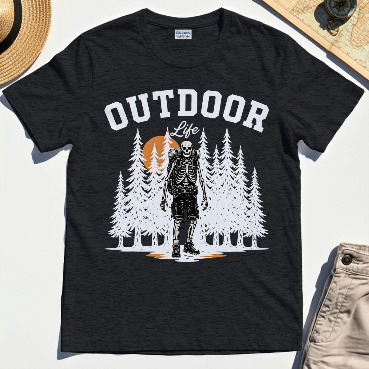 "Outdoor Life” Skeleton Hiker Camping T-Shirt"""""""