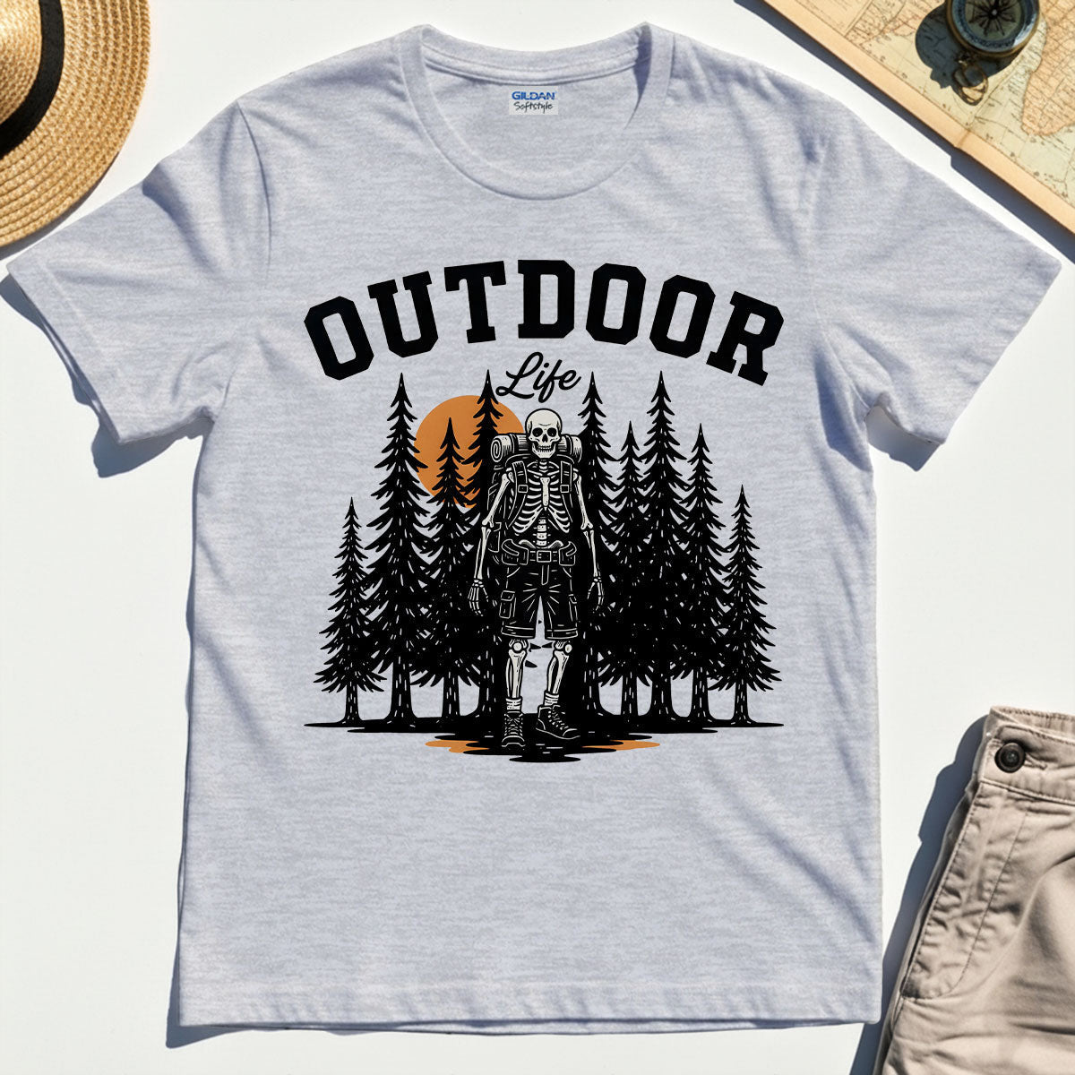 "Outdoor Life” Skeleton Hiker Camping T-Shirt"""""""