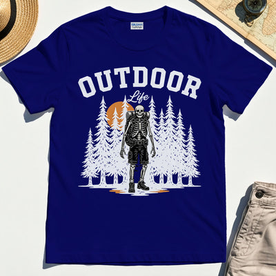 "Outdoor Life” Skeleton Hiker Camping T-Shirt"""""""