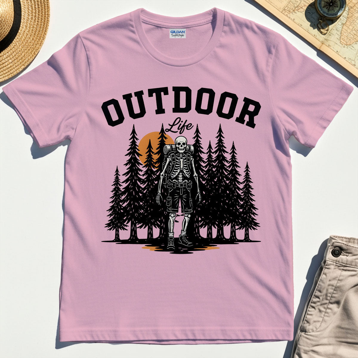 "Outdoor Life” Skeleton Hiker Camping T-Shirt"""""""