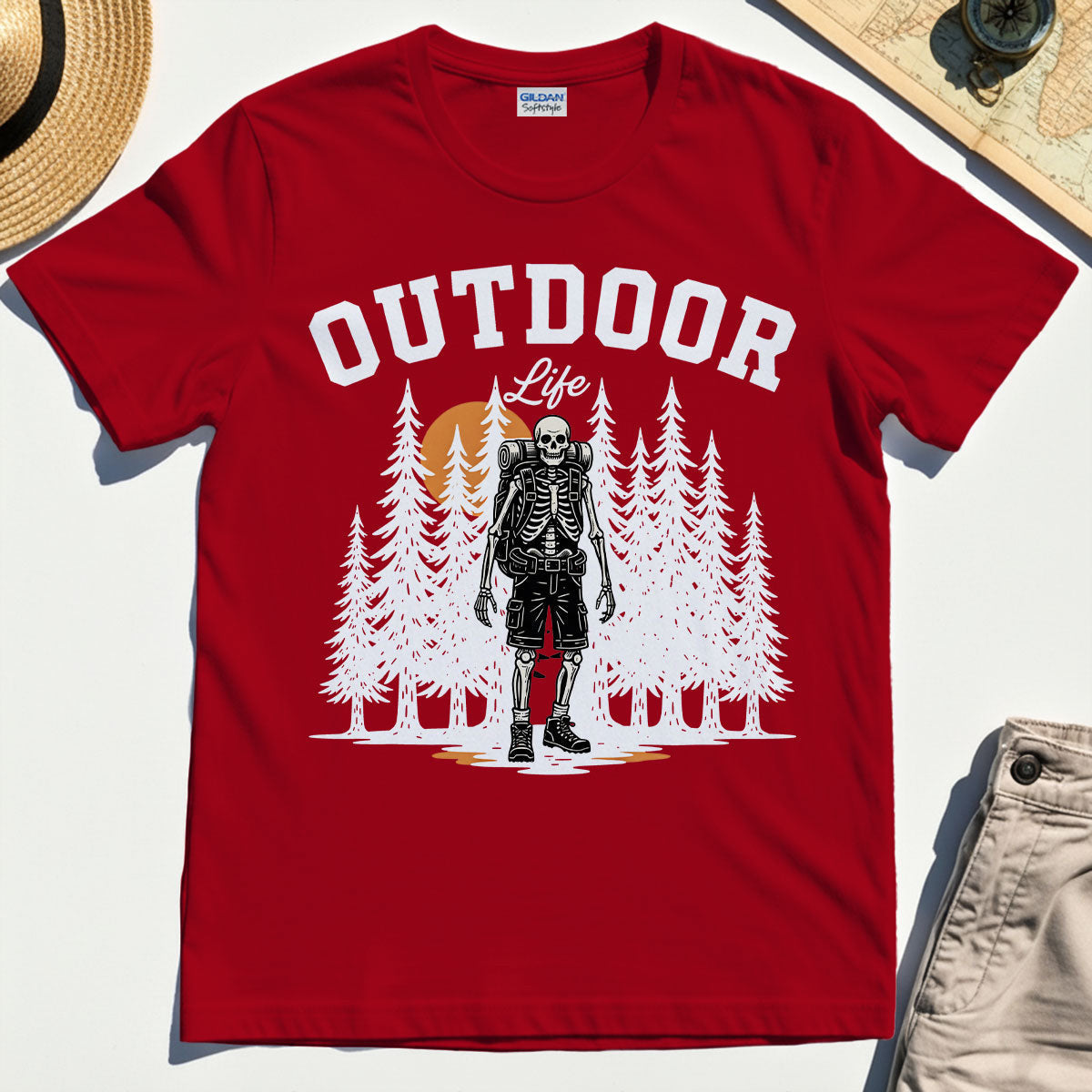 "Outdoor Life” Skeleton Hiker Camping T-Shirt"""""""