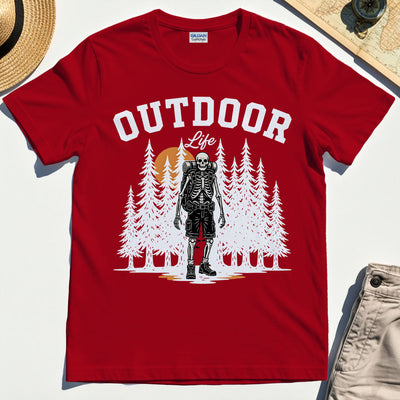 "Outdoor Life” Skeleton Hiker Camping T-Shirt"""""""