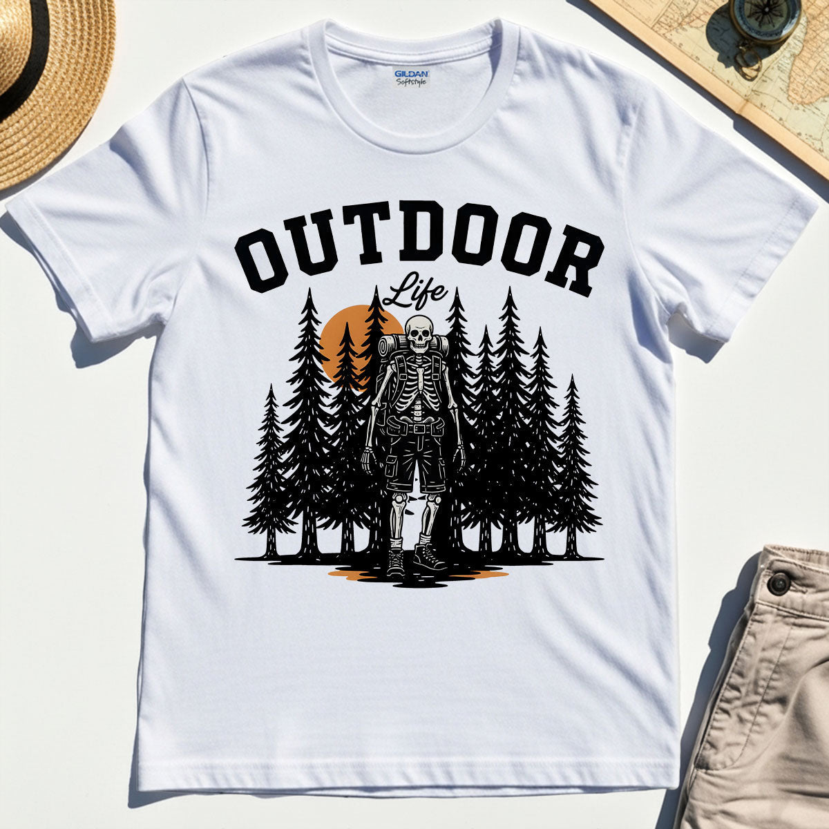 "Outdoor Life” Skeleton Hiker Camping T-Shirt"""""""
