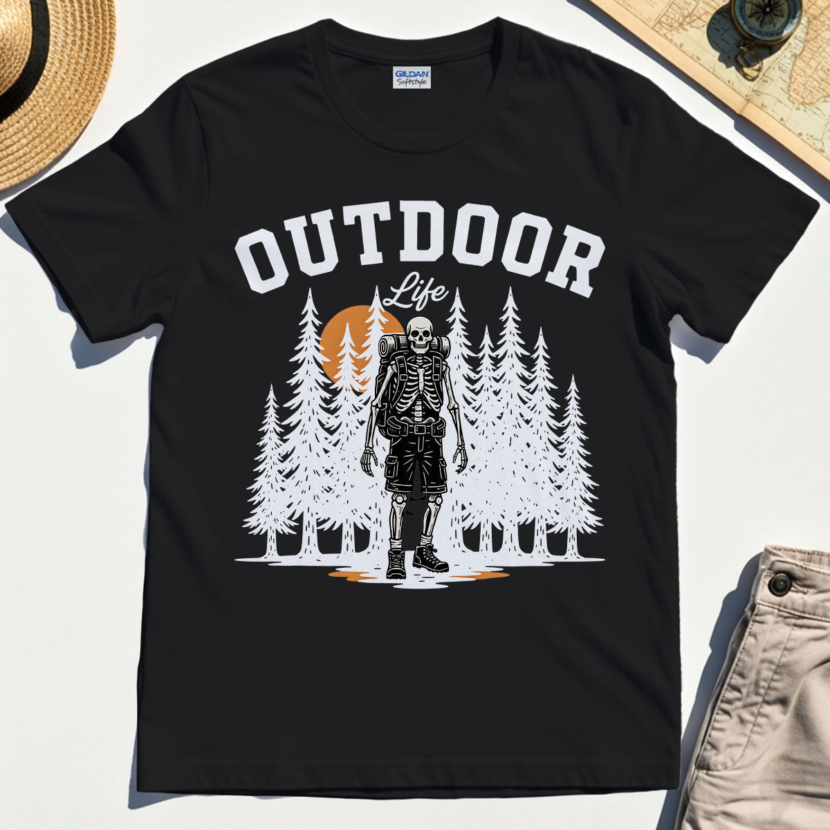 "Outdoor Life” Skeleton Hiker Camping T-Shirt"""""""