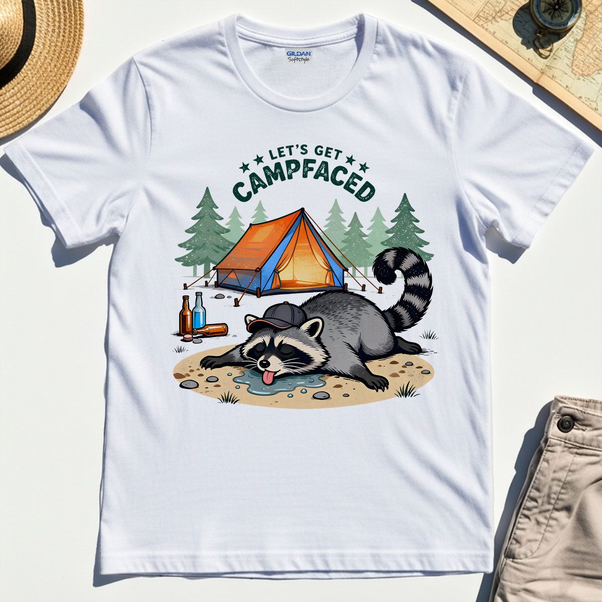 Let’s Get Campfaced Raccoon Camping Graphic T-Shirts
