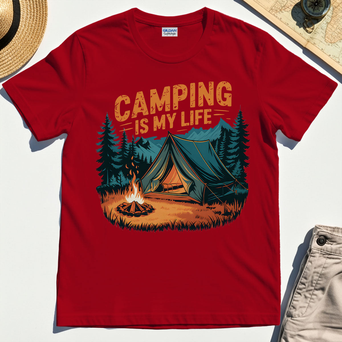 “Camping Is My Life” Tent and Bonfire Christmas Camping T-Shirt